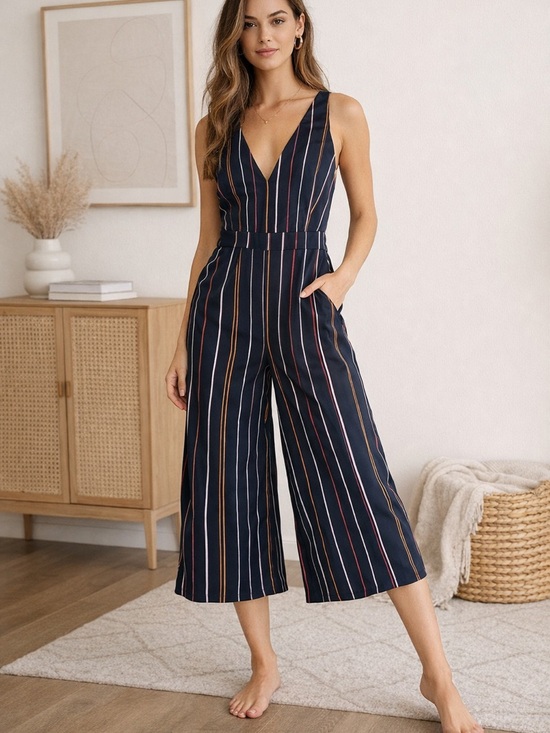 Frank & Oak Pants - Frank + Oak Navy Striped V-Neck Wide-Leg Jumpsuit